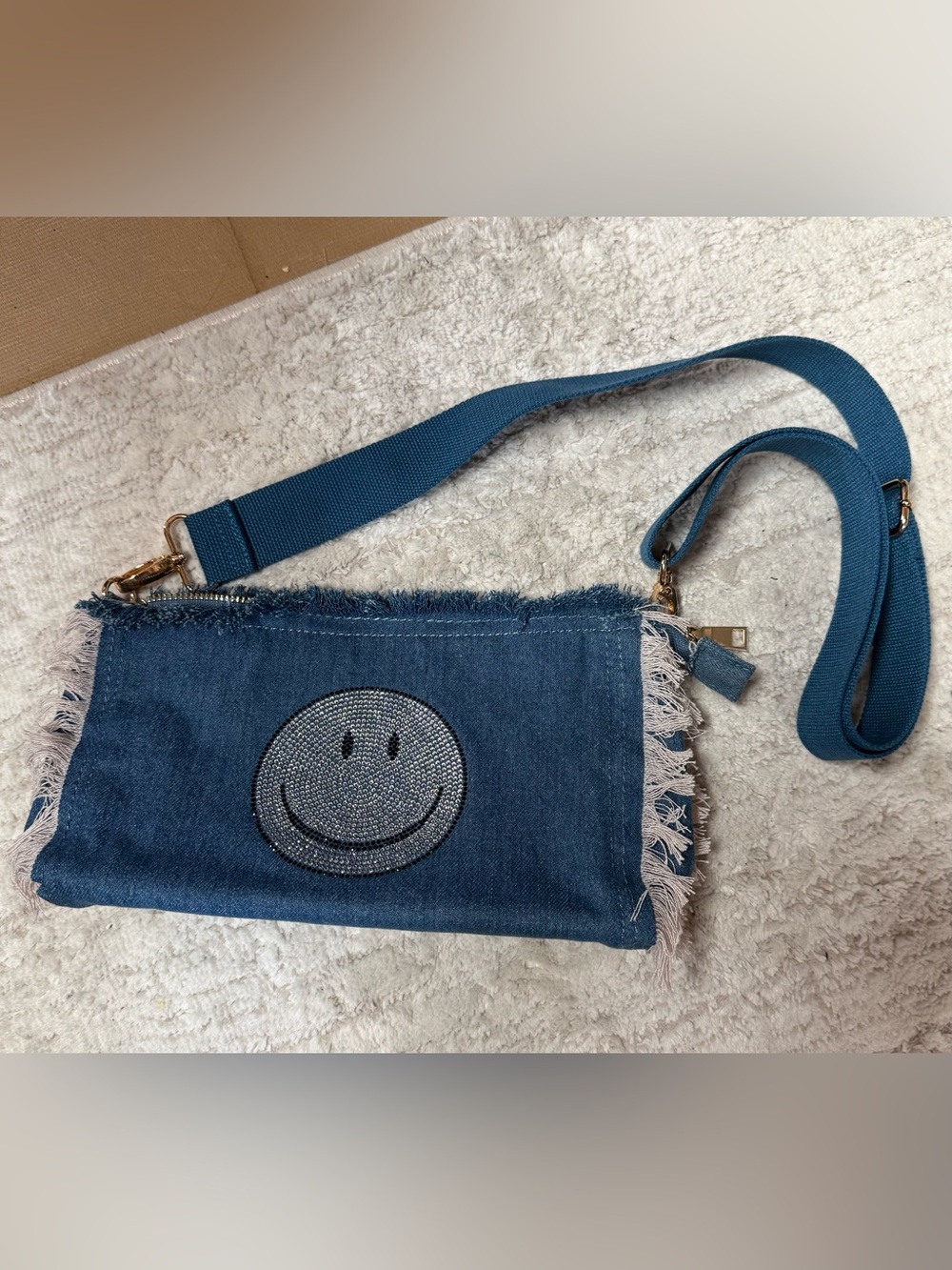 Denim Rhinestone Smiley Shoulder or Crossbody Bag - Blue